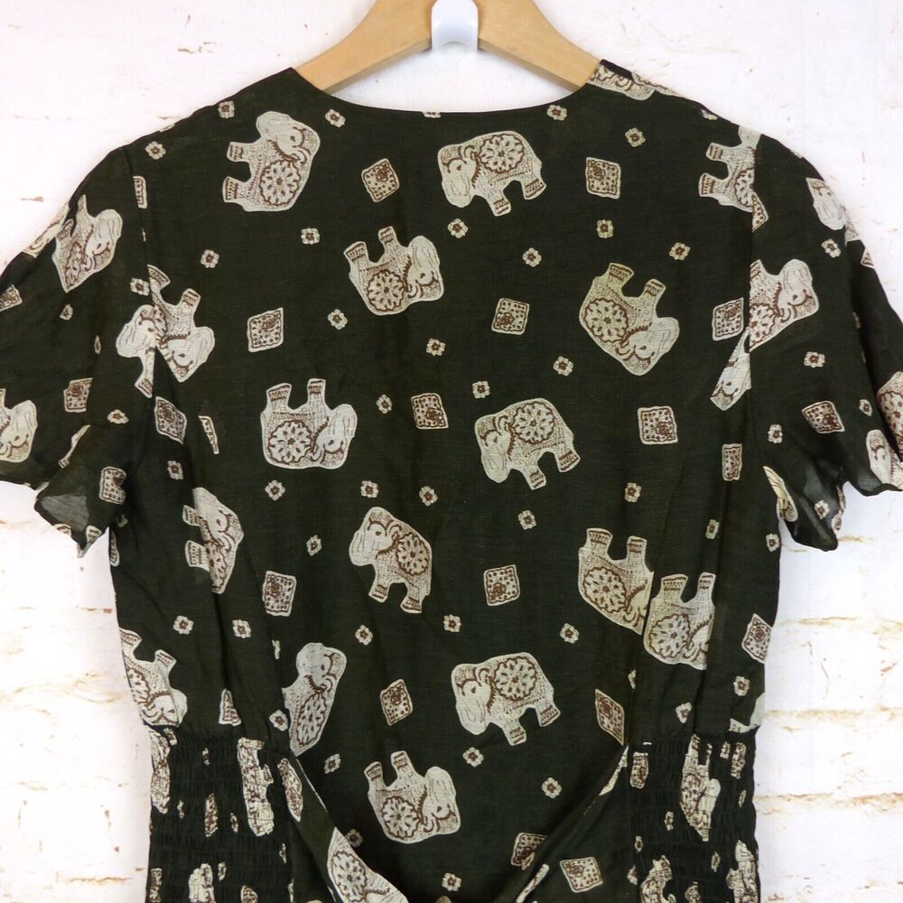 Betty Barclay Dress Womens 38 Green Ethnic Elephant Print Linen Blend Button VTG - Picture 12 of 15